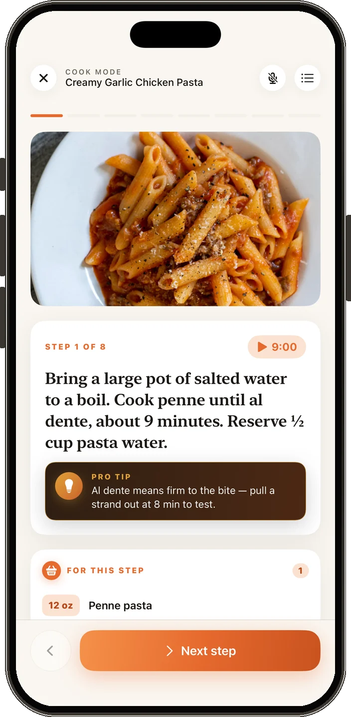 Reci AI Cook Mode showing a step card, timer, and pro tip for the current step