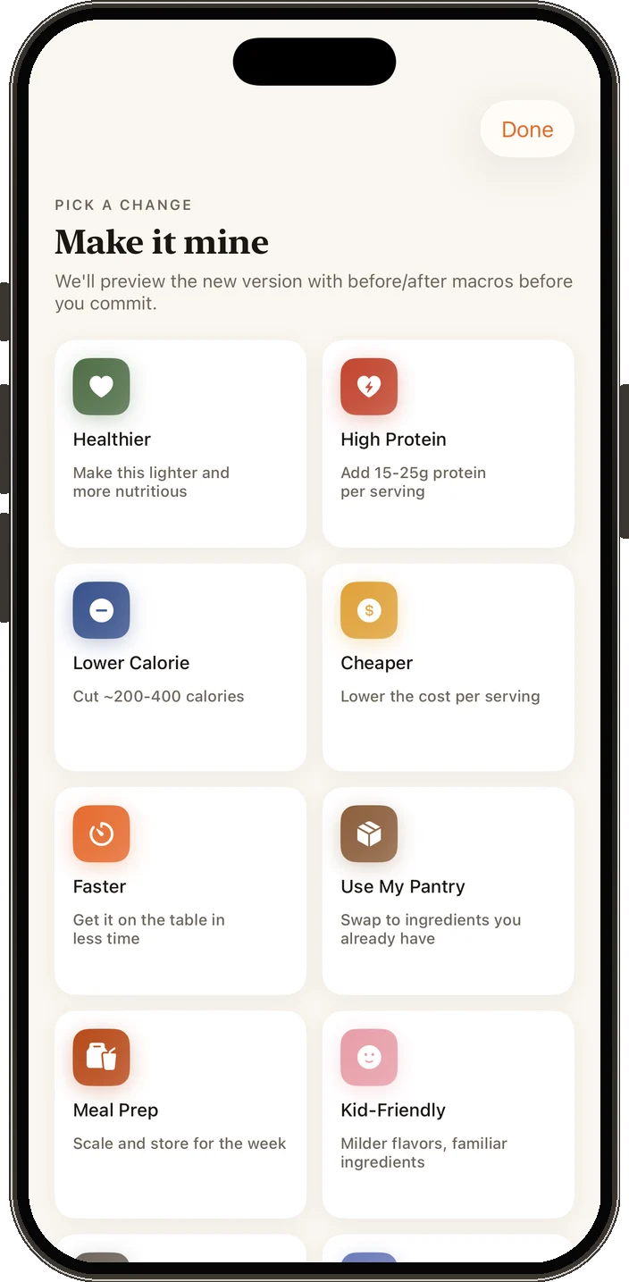 Reci AI Make it mine screen with one-tap transformations like healthier, high protein, and cheaper