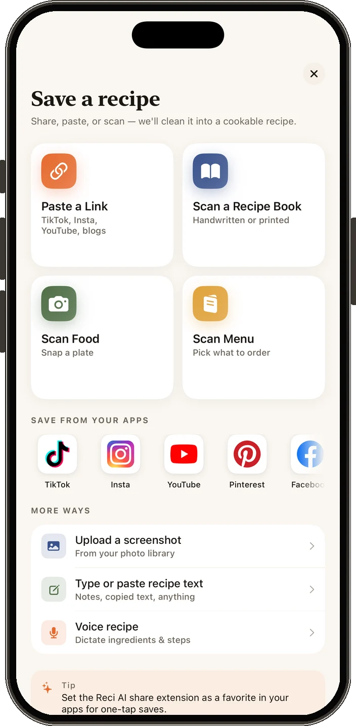 Reci AI save screen with options to paste a link, scan food, or import from social apps